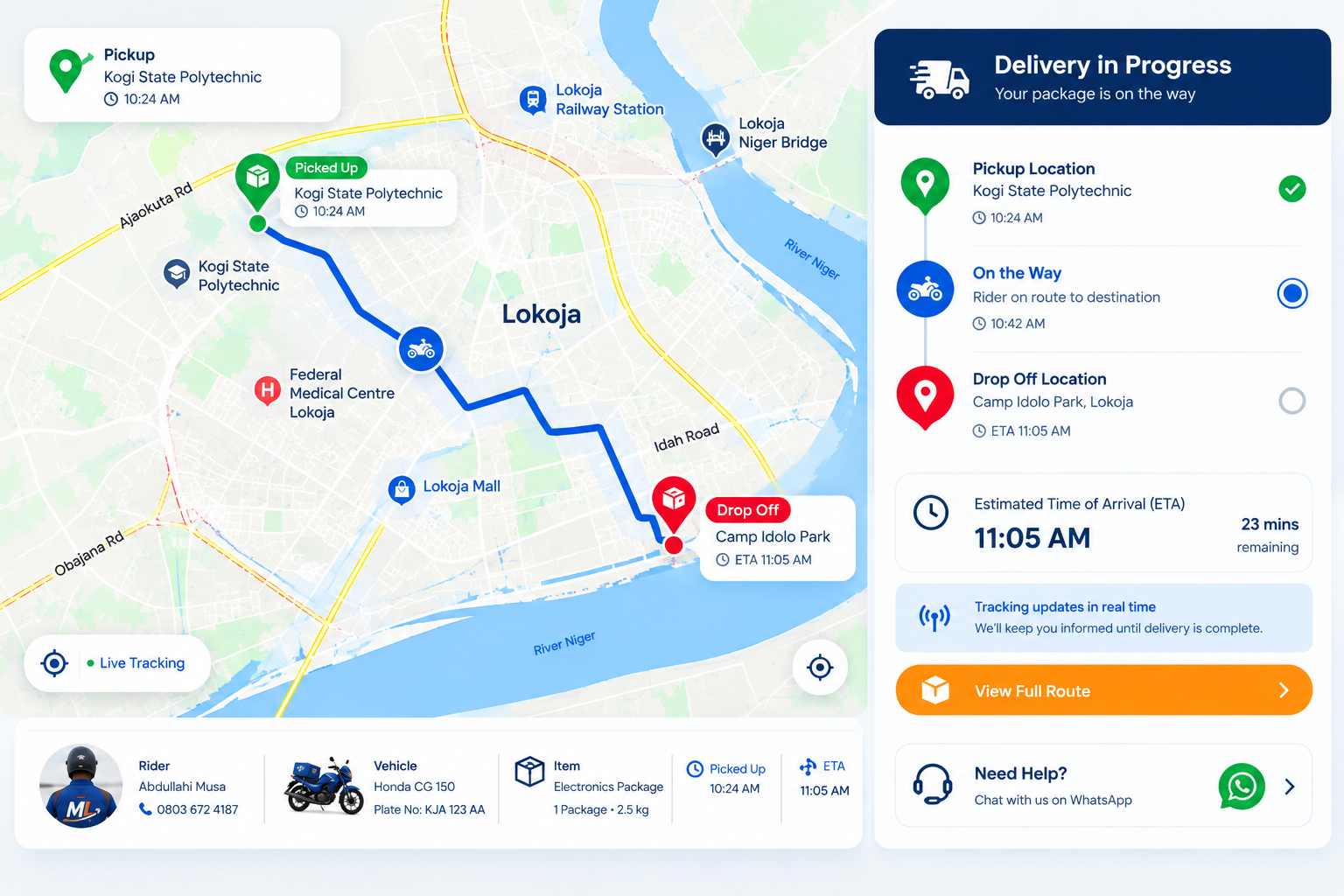 Illustration of a Macboj Logistics delivery being tracked from pickup to drop-off in Lokoja